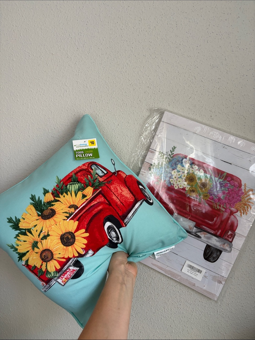 Accent Pillow and Wall Decor with Red Vintage Truck and Yellow Sunflowers NWT